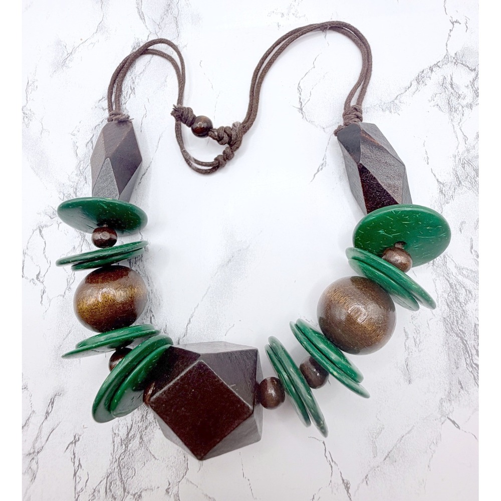 Wood Bead Statement Necklace Green Disc Double Cord Boho Tribal Style 23"